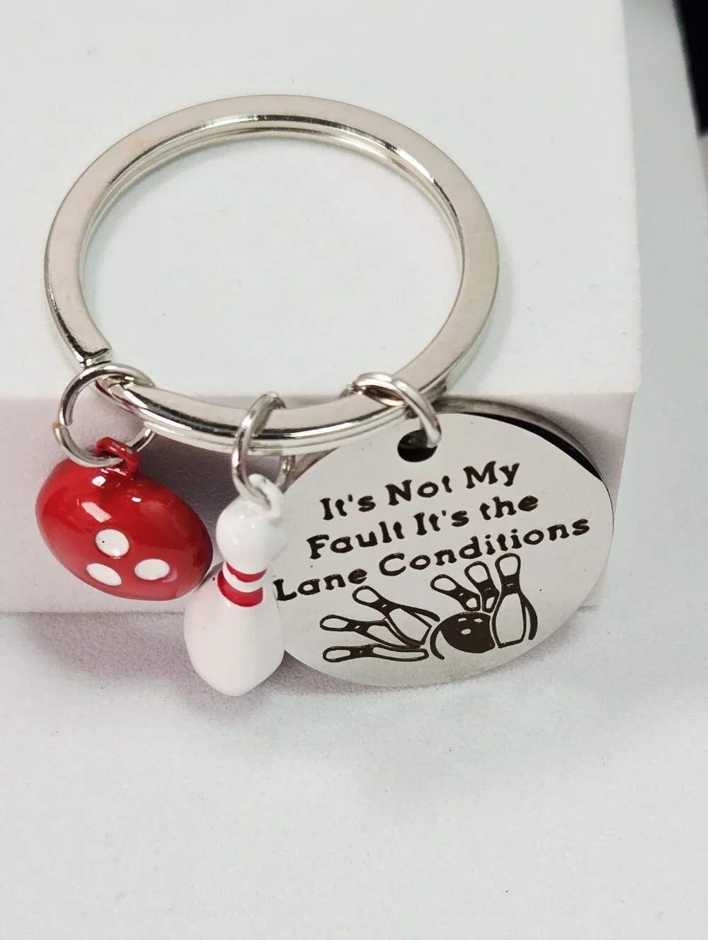 Bowling Keychain Red Ball & Pin Funny Engraved Sports Charm Gift Stainless Steel